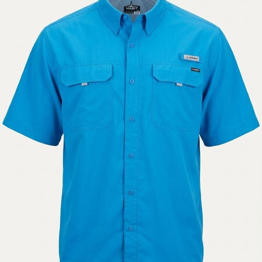 NWT HABIT Mens 2XL Fishing Shirt Blue Short Sleeve UPF 40+ Solar Factor